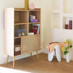 5-shelf bookcase, sliding doors with wood and cane effect