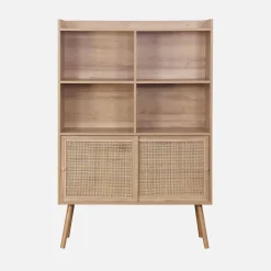 5-shelf bookcase, sliding doors with wood and cane effect