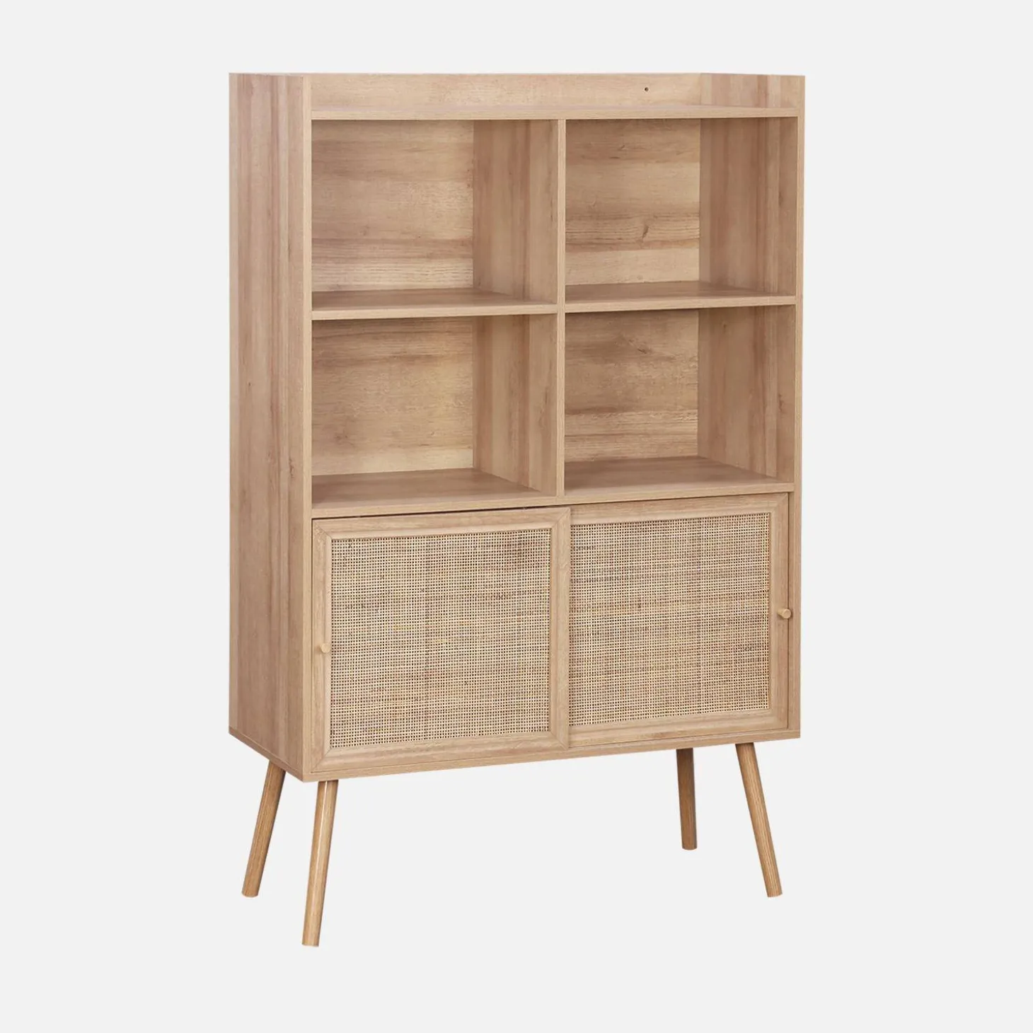5-shelf bookcase, sliding doors with wood and cane effect