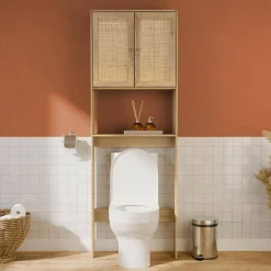 Shelf furniture for toilet, wood decor and caning