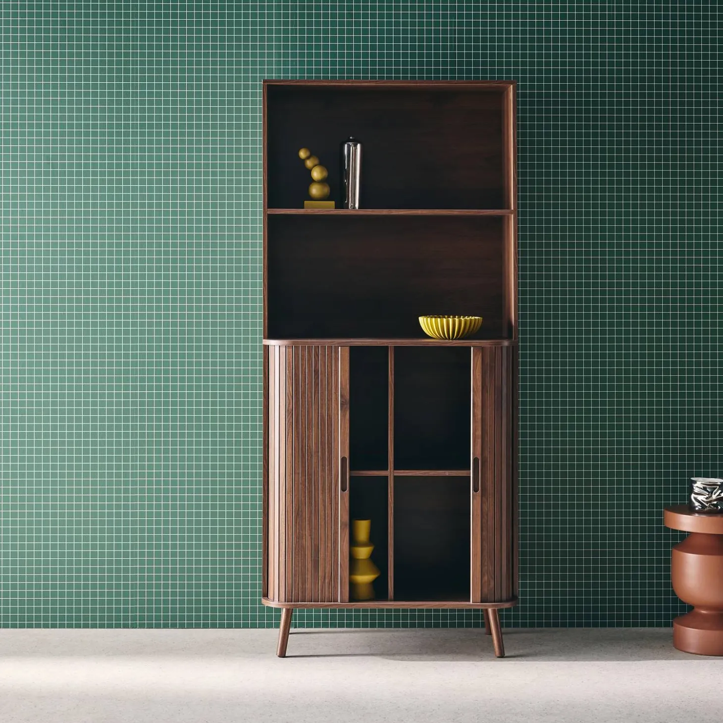 Shelf library decor grooved wood 2 sliding doors 4 levels
