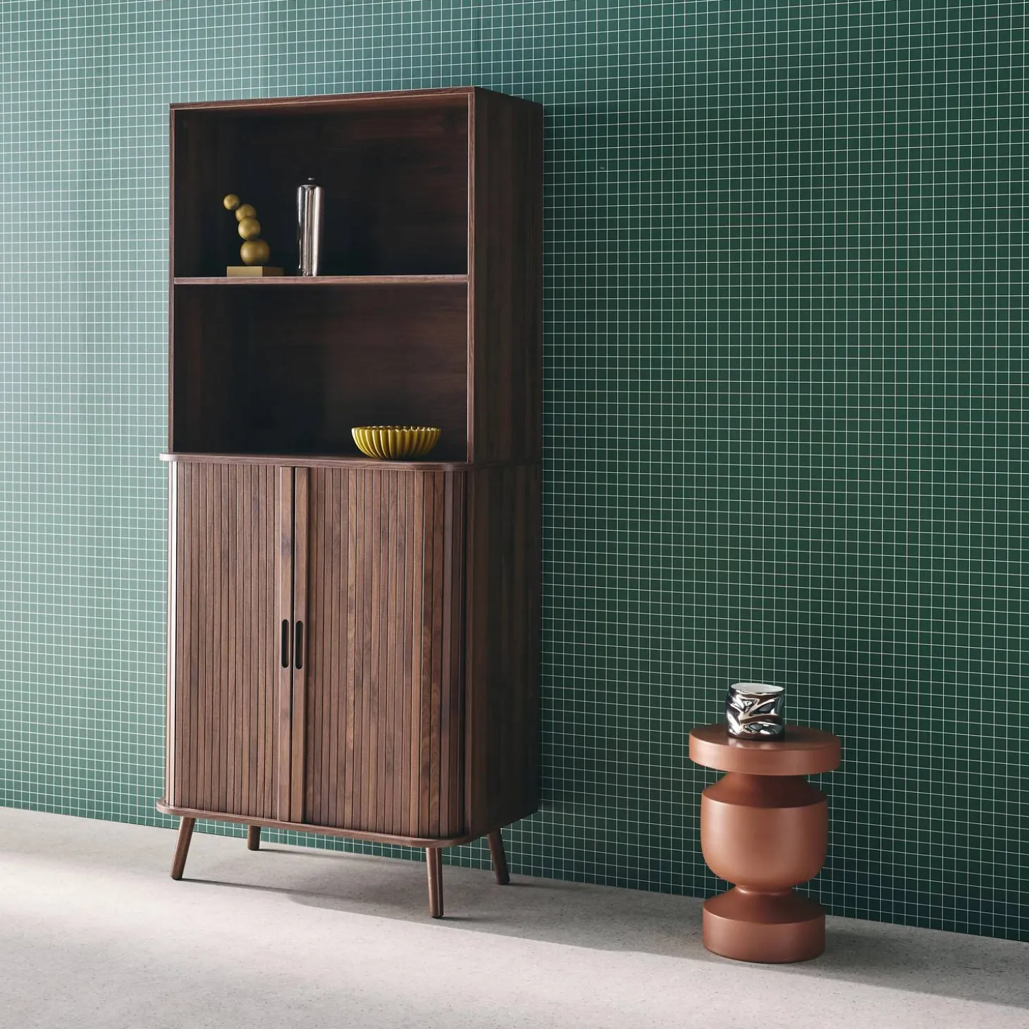 Shelf library decor grooved wood 2 sliding doors 4 levels