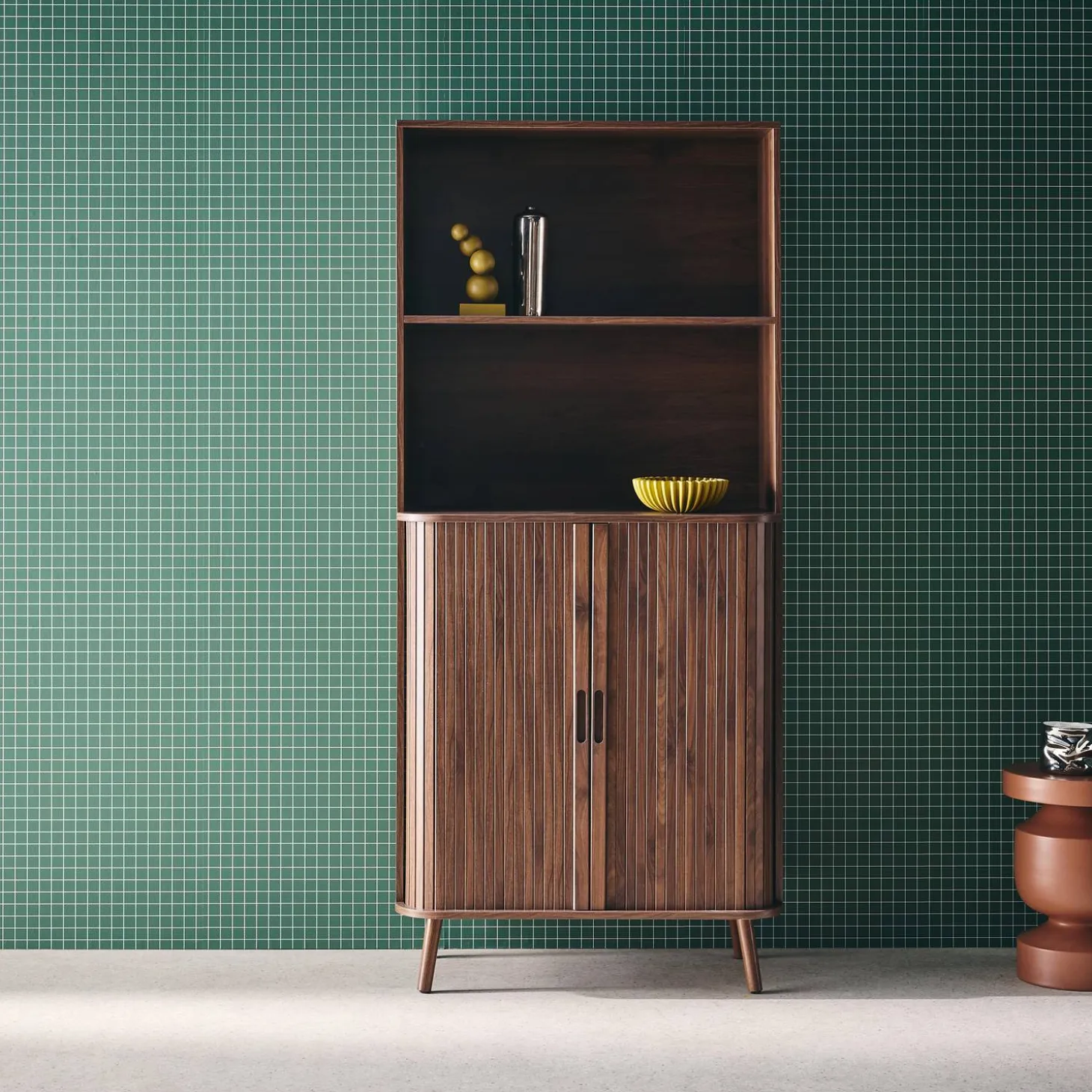 Shelf library decor grooved wood 2 sliding doors 4 levels