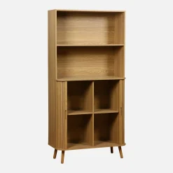 Shelf library decor grooved wood 2 sliding doors 4 levels