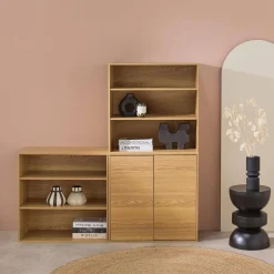 Shelf, modular bookcase with wood decor 3 elements - 2 doors 5 shelves