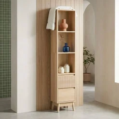 3-shelf storage column wood decor with 2 drawers