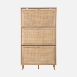 Shoe cabinet with 3 drawers wood decor and cane