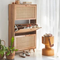 Shoe cabinet with 3 drawers wood decor and cane