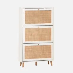 Shoe cabinet with 3 drawers wood decor and cane