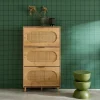 Shoe cabinet wood and cane decor 3 drawers