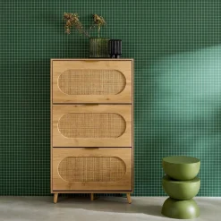 Shoe cabinet wood and cane decor 3 drawers