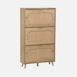 Shoe cabinet wood and cane decor 3 drawers