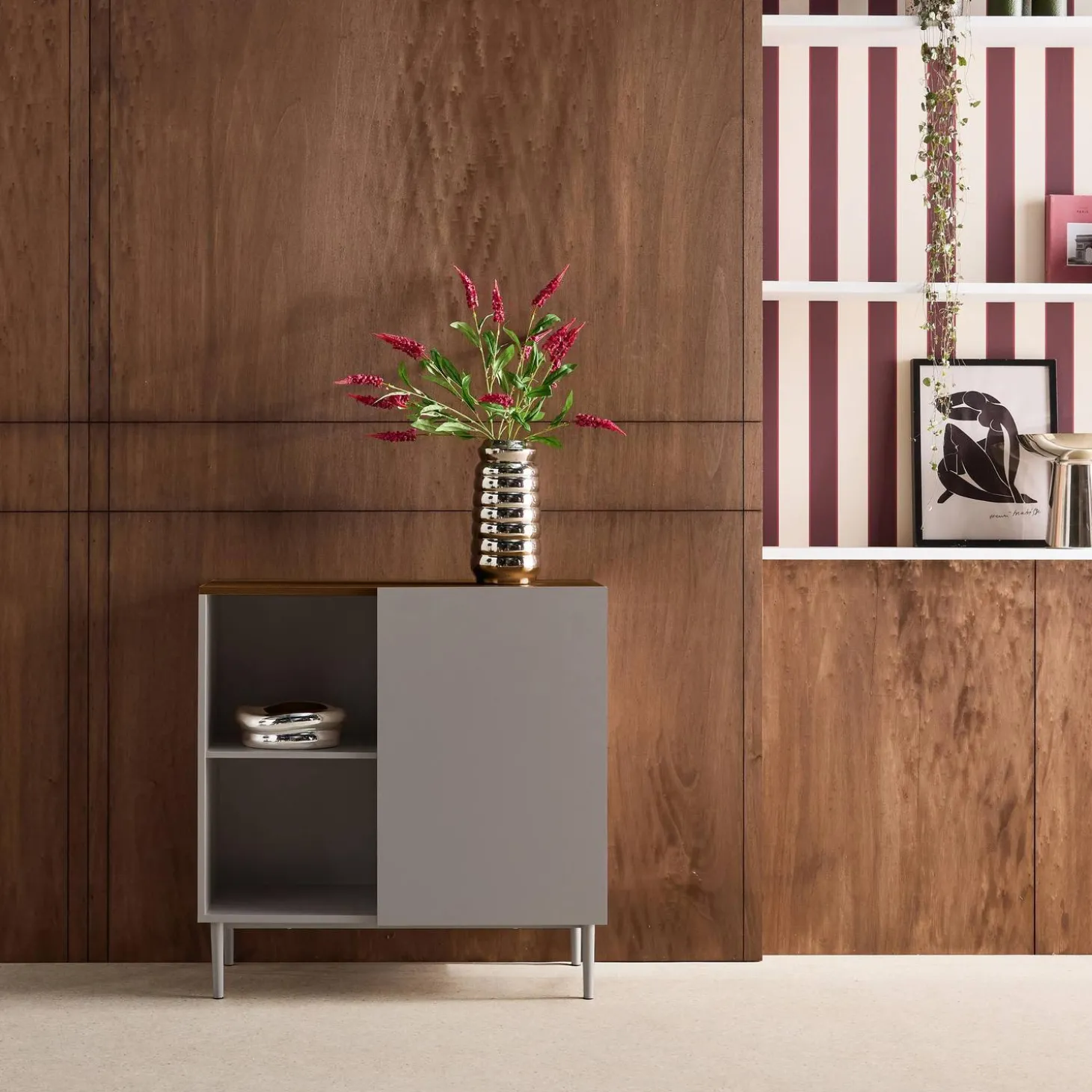 Sideboard storage unit metal with wood decor 1 door 80 cm