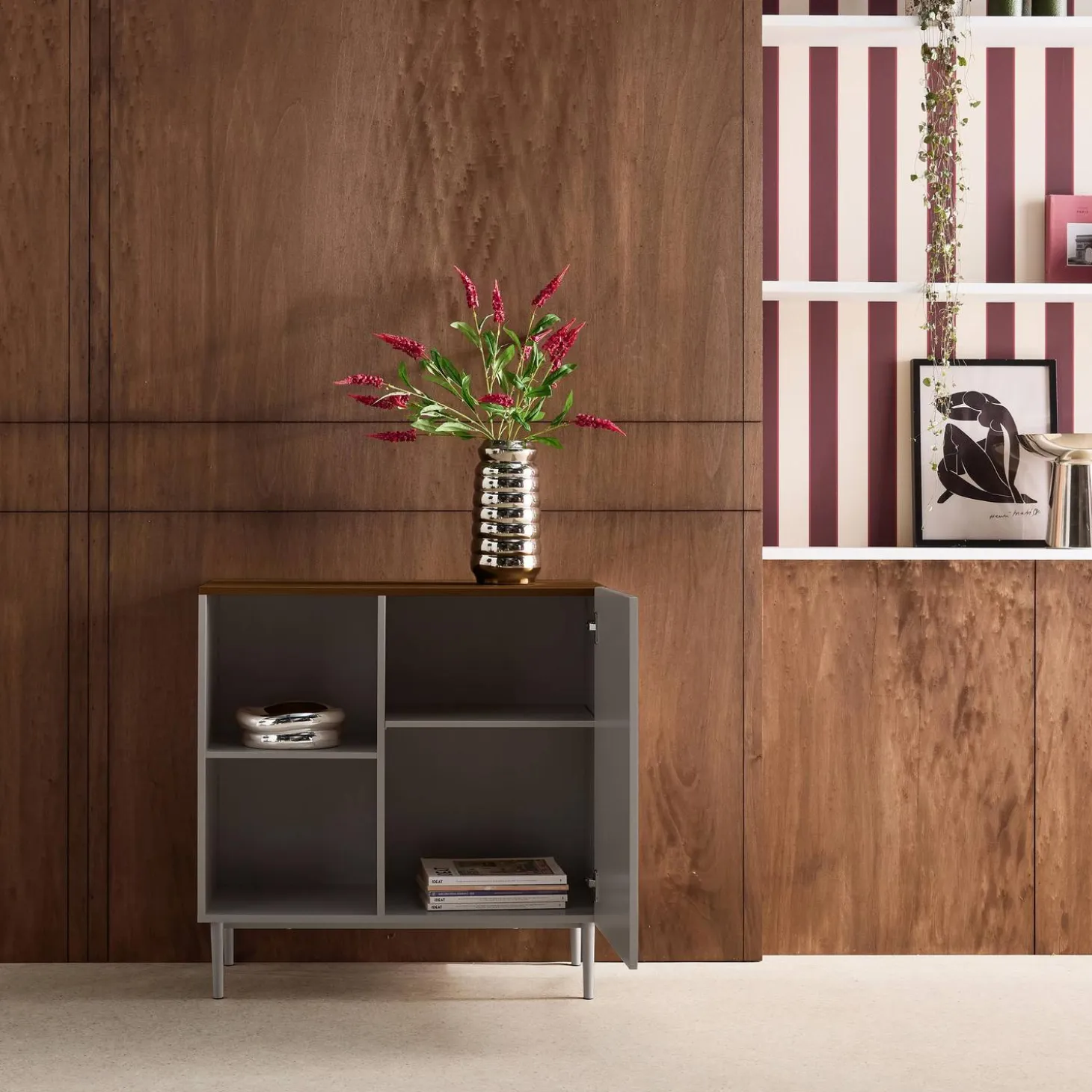 Sideboard storage unit metal with wood decor 1 door 80 cm