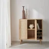 Sideboard with bottle holder, wickerwork and wooden decor
