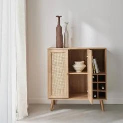 Sideboard with bottle holder, wickerwork and wooden decor