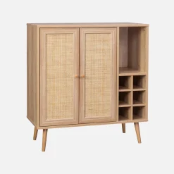 Sideboard with bottle holder, wickerwork and wooden decor