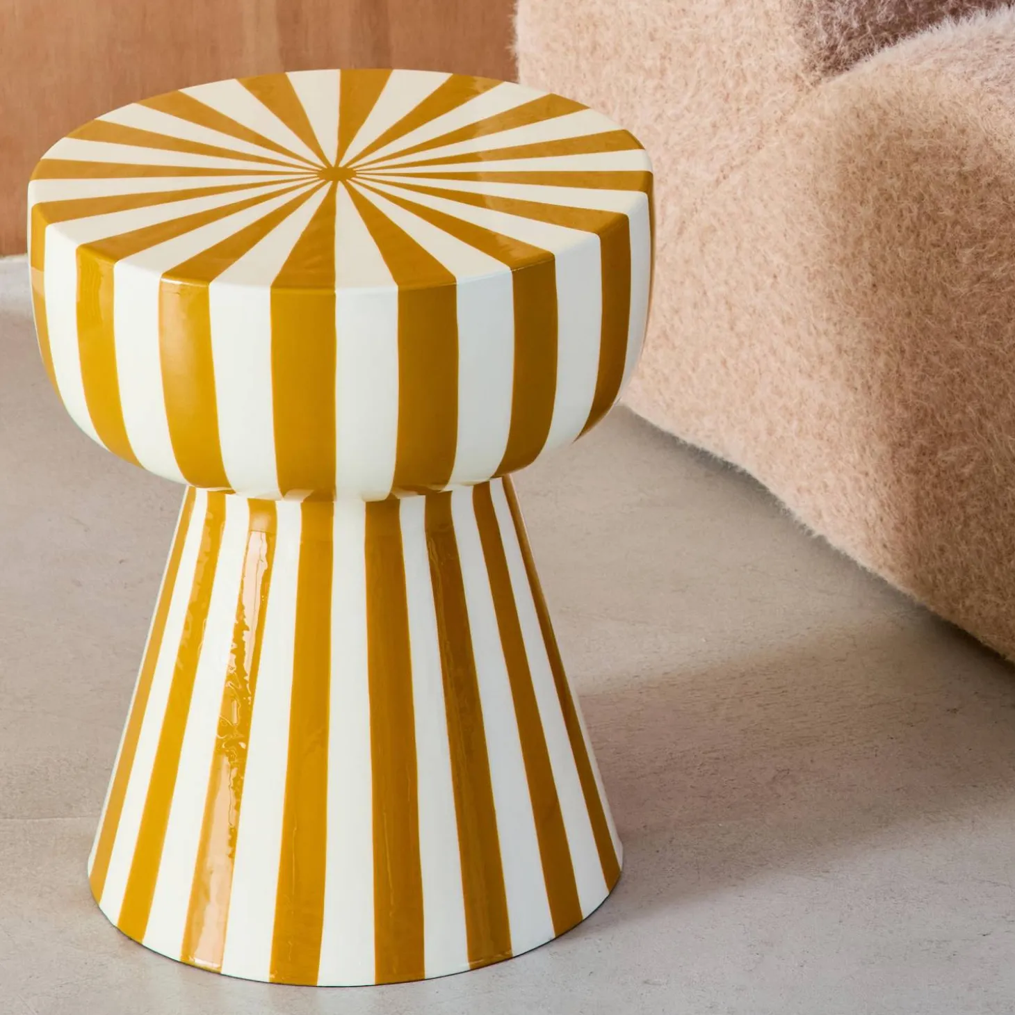 Side table, coffee table, bedside table, enamelled steel two-tone stripes