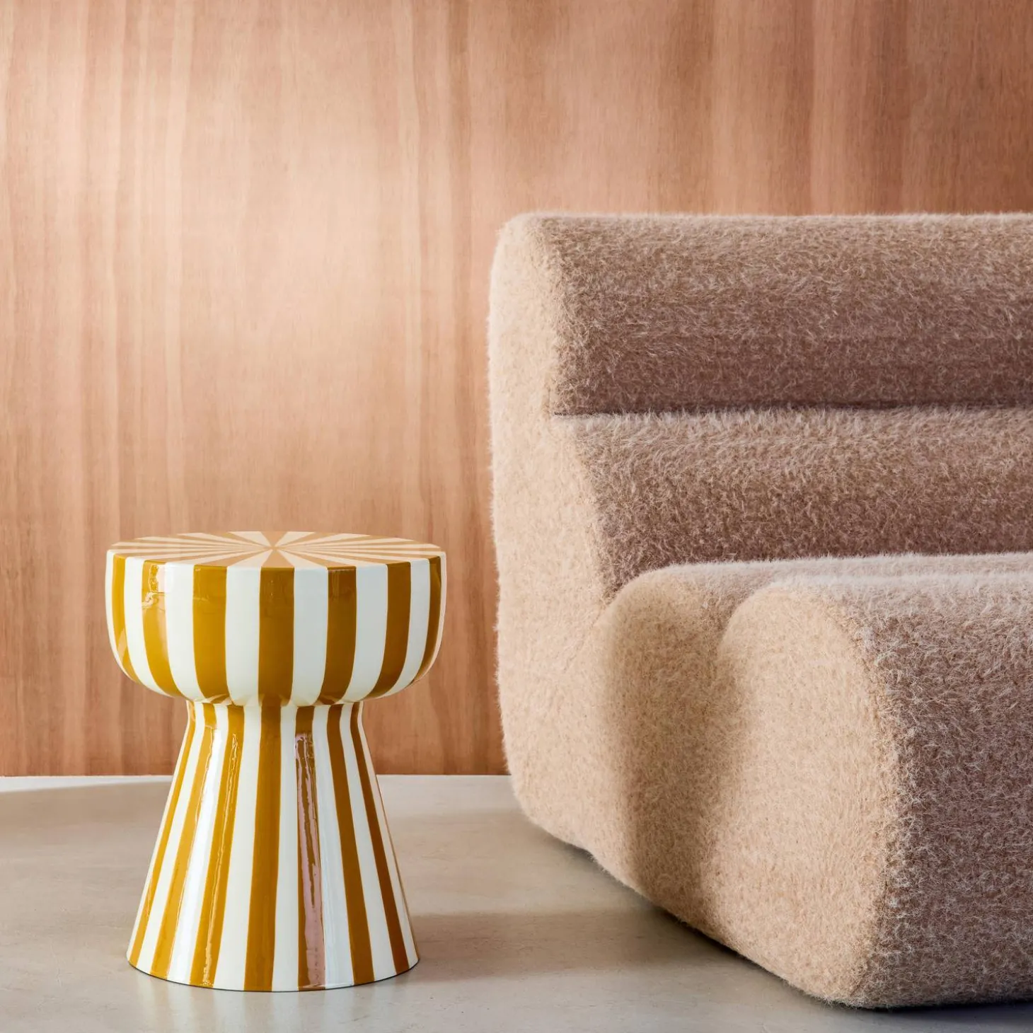 Side table, coffee table, bedside table, enamelled steel two-tone stripes