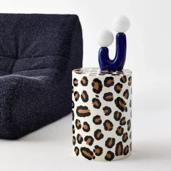 Side table, end table, bedside table in enameled steel, leopard pattern