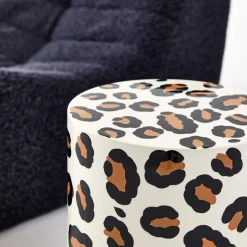 Side table, end table, bedside table in enameled steel, leopard pattern