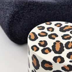Side table, end table, bedside table in enameled steel, leopard pattern