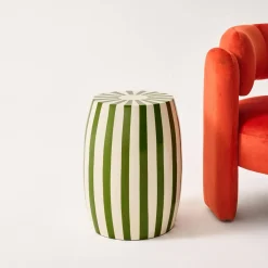 Side table, end table, bedside table in enameled steel, two-tone stripes Ø35 x H 46cm