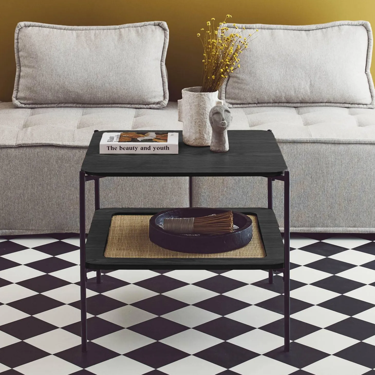 Square coffee table with wood effect and cane