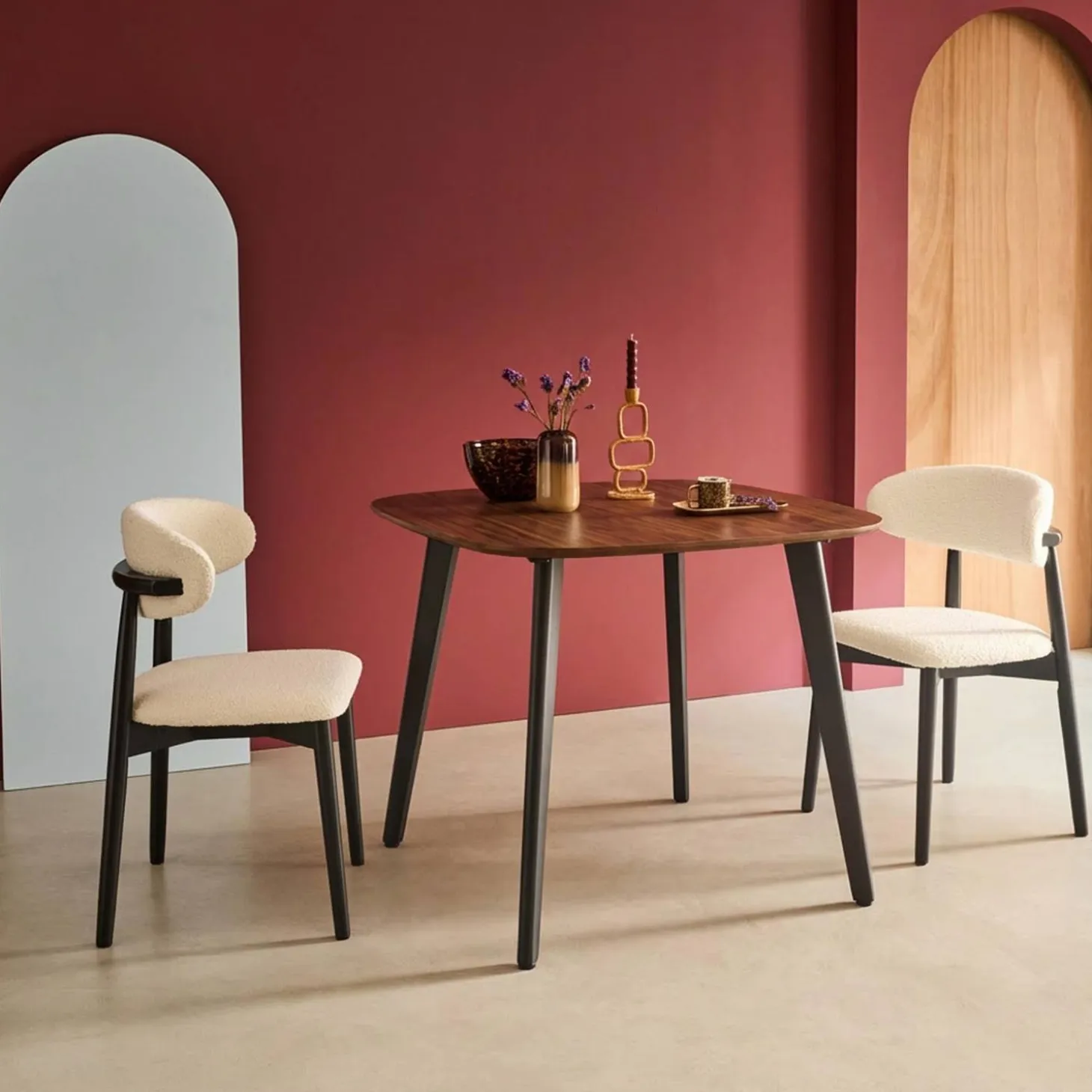 Square dining table wood effect black metal legs 4-seater