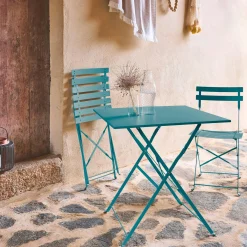 Square 2-seater folding metal bistro garden table with 2 chairs