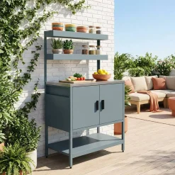 Steel outdoor kitchen 2 hanging shelves 2 doors L80cm