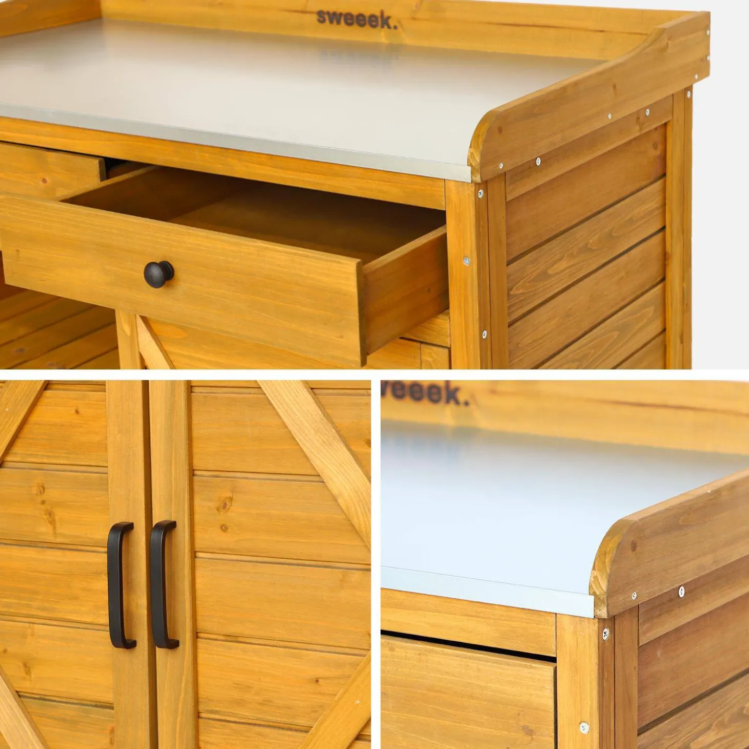Storage unit, fir wood potting table, 2 doors, 2 drawers