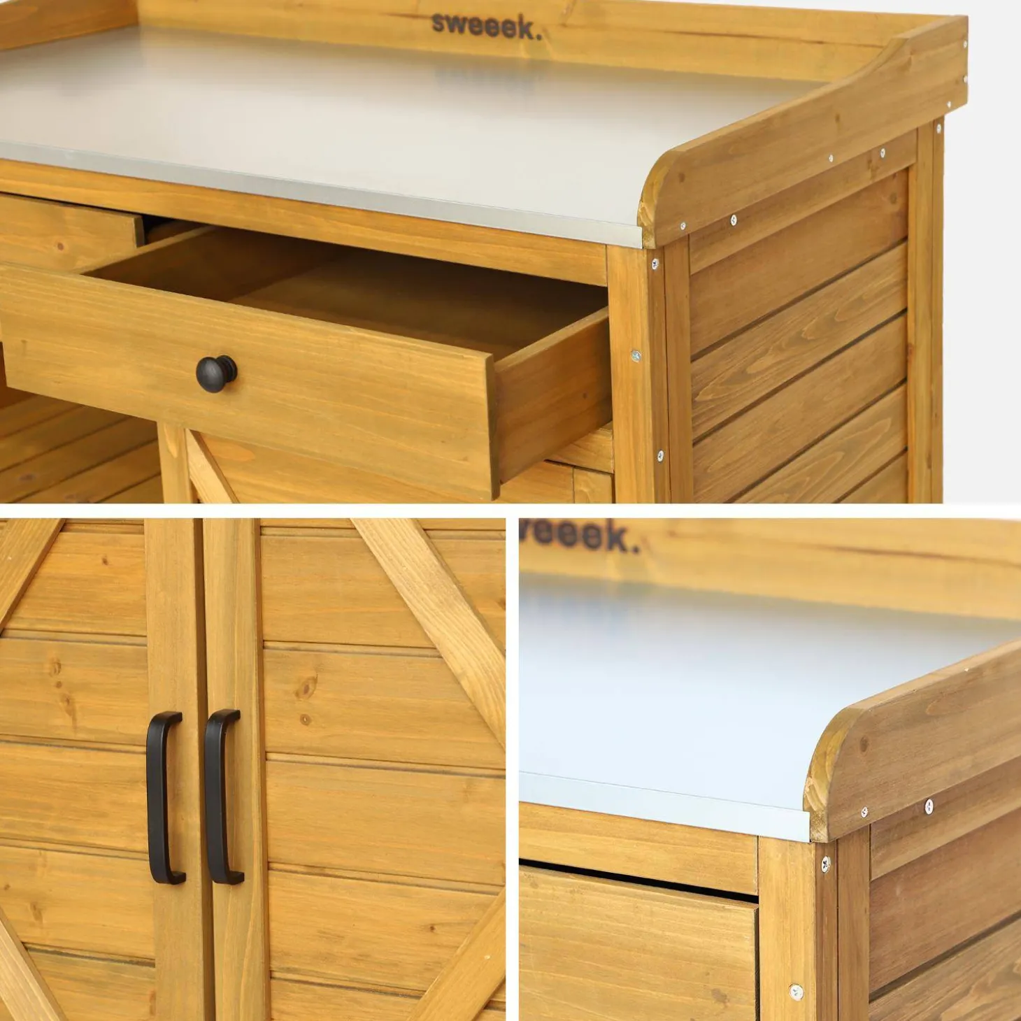 Storage unit, fir wood potting table, 2 doors, 2 drawers