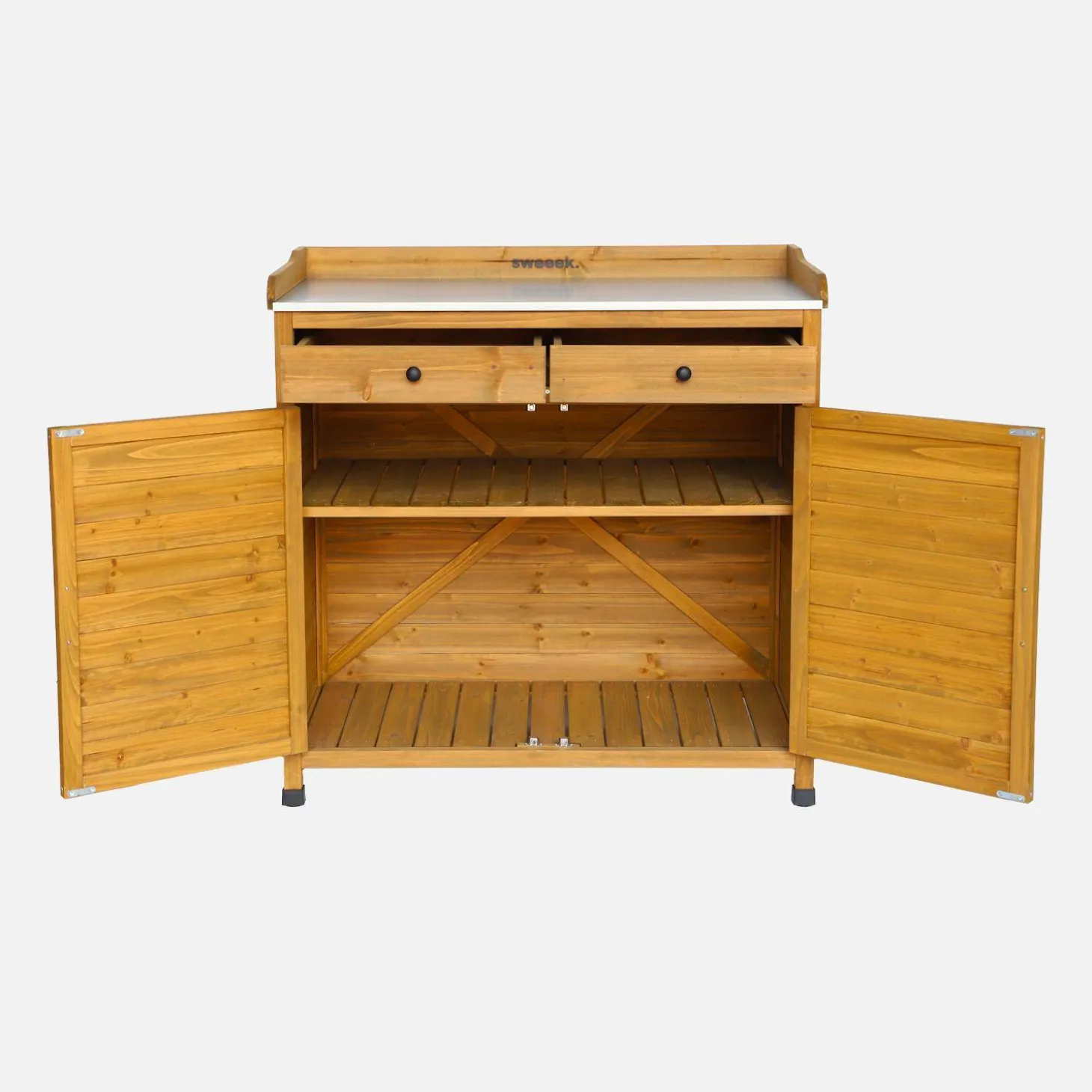Storage unit, fir wood potting table, 2 doors, 2 drawers