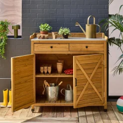 Storage unit, fir wood potting table, 2 doors, 2 drawers