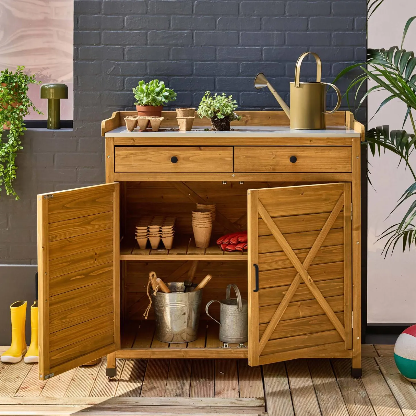 Storage unit, fir wood potting table, 2 doors, 2 drawers