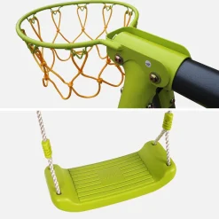 Swingset with 2 swings, slide, basketball hoop, climbing wall and tipi tent