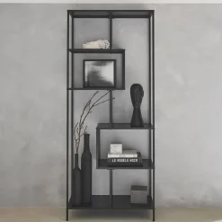 6-tier asymmetrical bookshelf in black metal