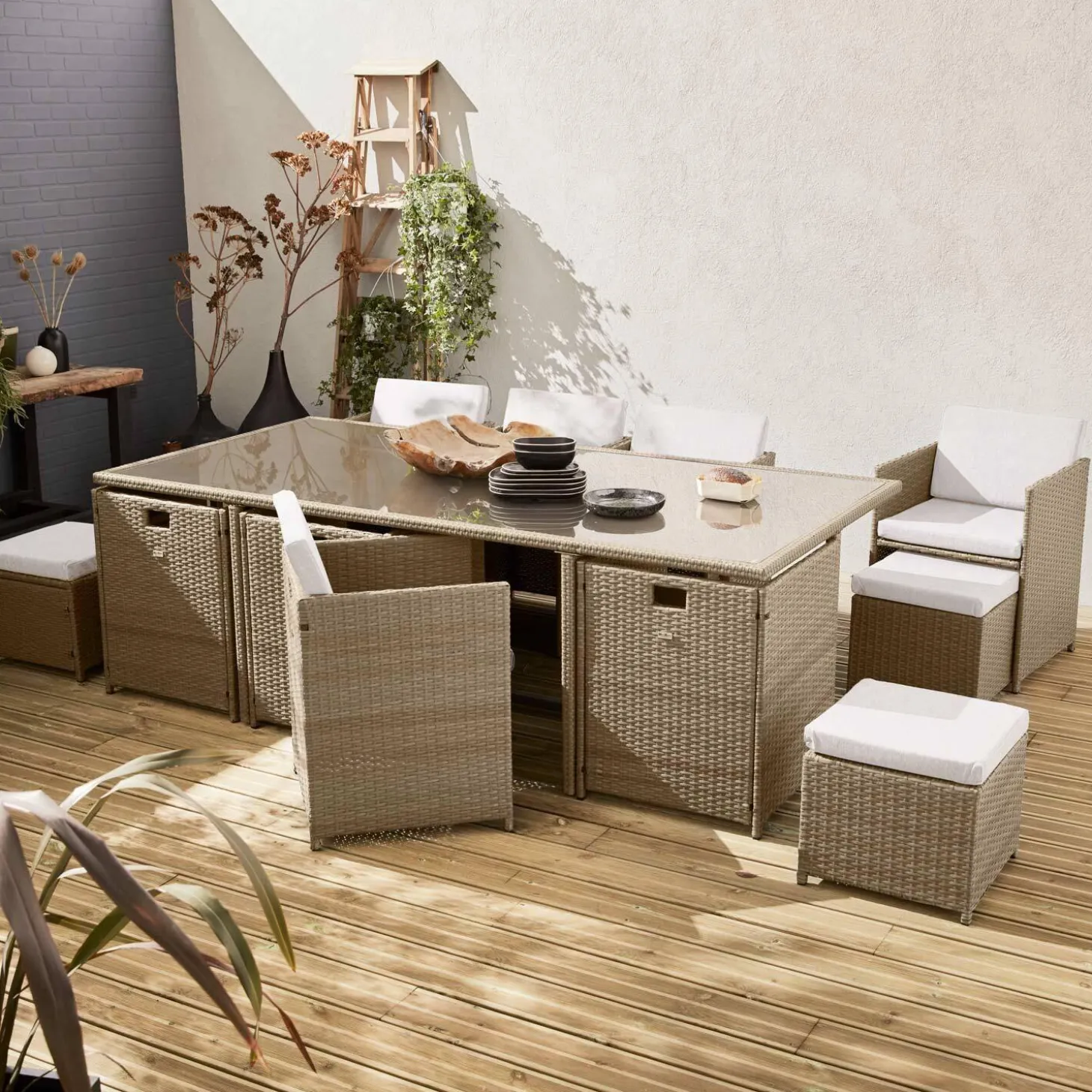 8 to 12-seater rattan cube table set with chairs