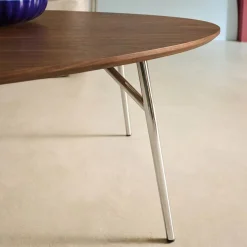 Triangular coffee table chrome legs and wood effect top