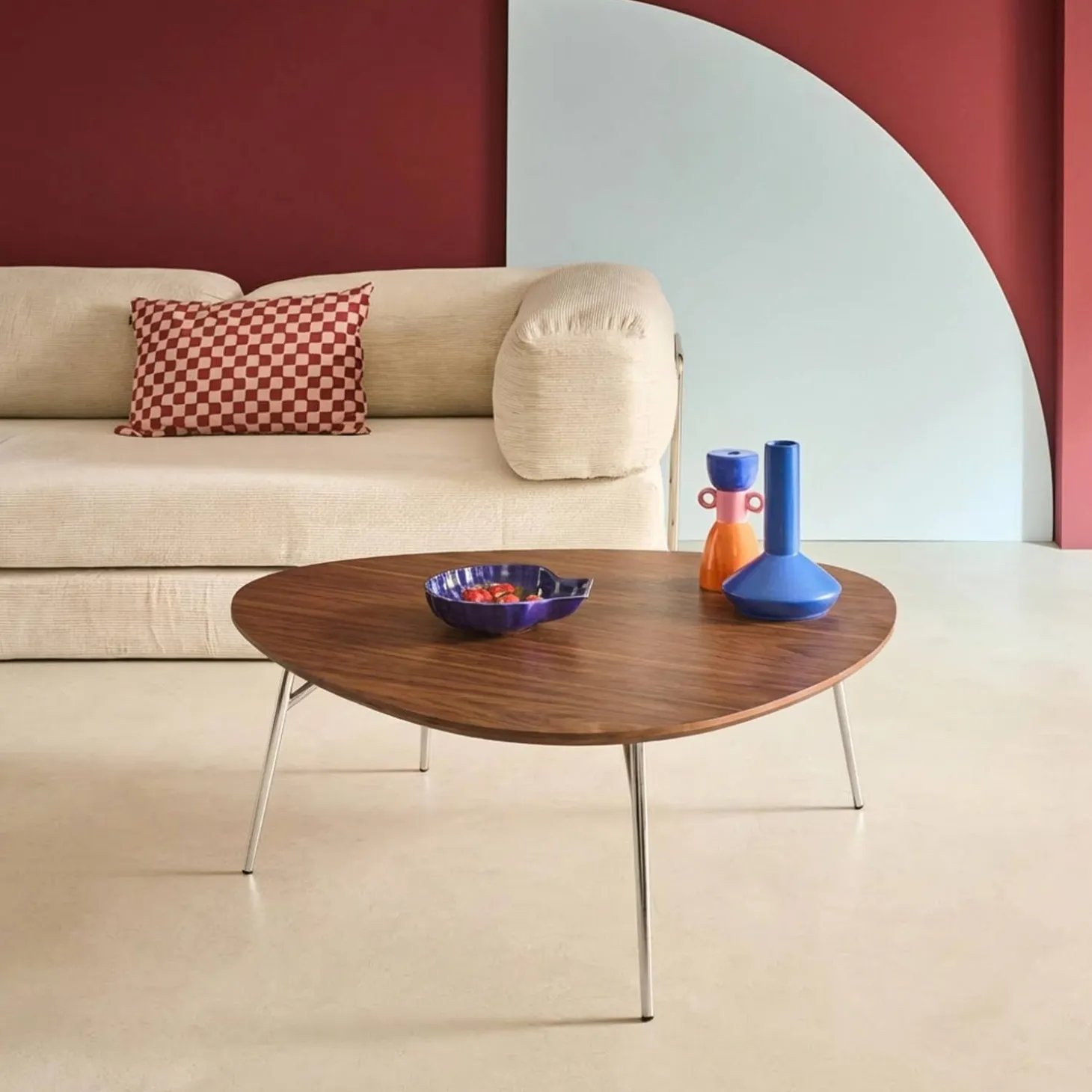 Triangular coffee table chrome legs and wood effect top