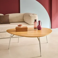 Triangular coffee table chrome legs and wood effect top