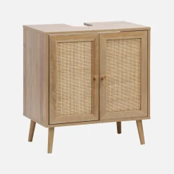 Under-washbasin cabinet with wood decor and rattan