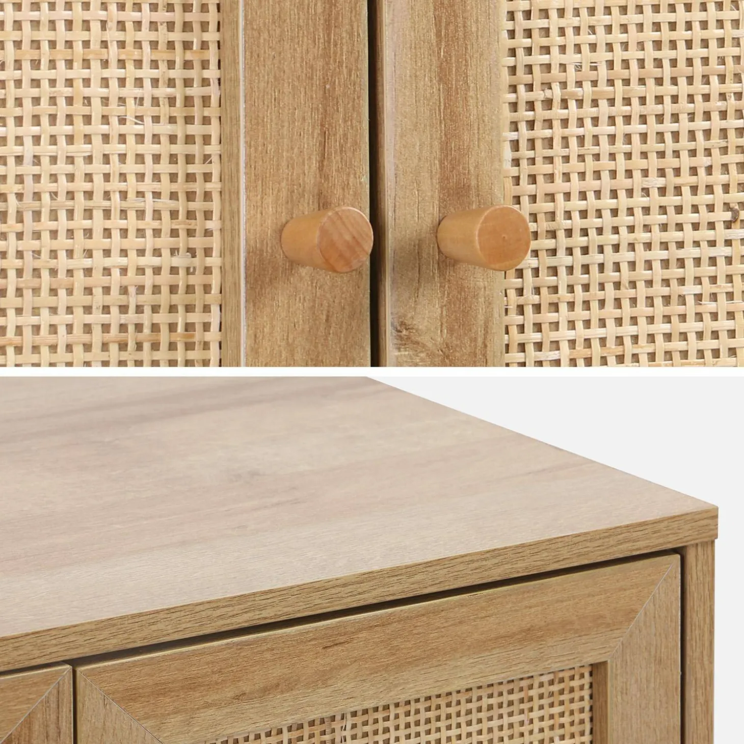 Under-washbasin cabinet with wood decor and rattan
