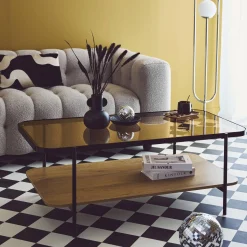 Vintage coffee table with black metal and wood effect