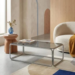 Vintage coffee table with chrome steel and tempered glass