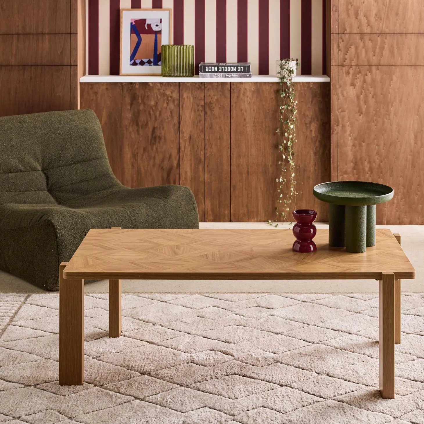Vintage rectangular coffee table with chevron pattern wood decor top