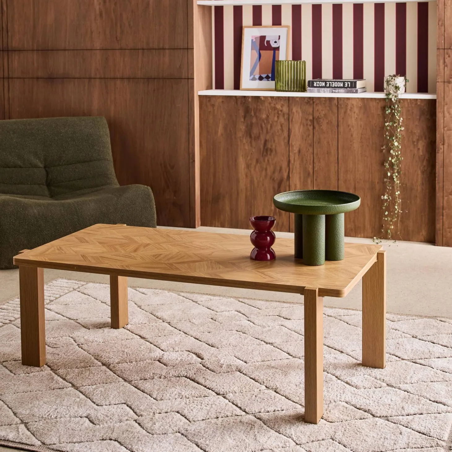 Vintage rectangular coffee table with chevron pattern wood decor top