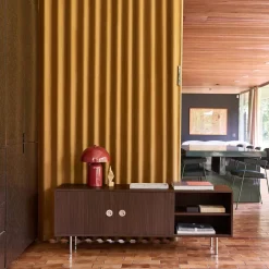 Vintage TV stand with wood decor and stainless steel, 2 doors 140cm