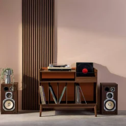 Vintage two-tone vinyl furniture with wood decor and colored background 100cm